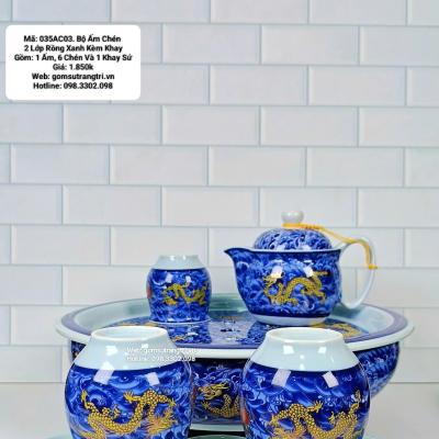 BỘ ẤM CHÉN HAI LỚP RỒNG XANH KÈM KHAY
